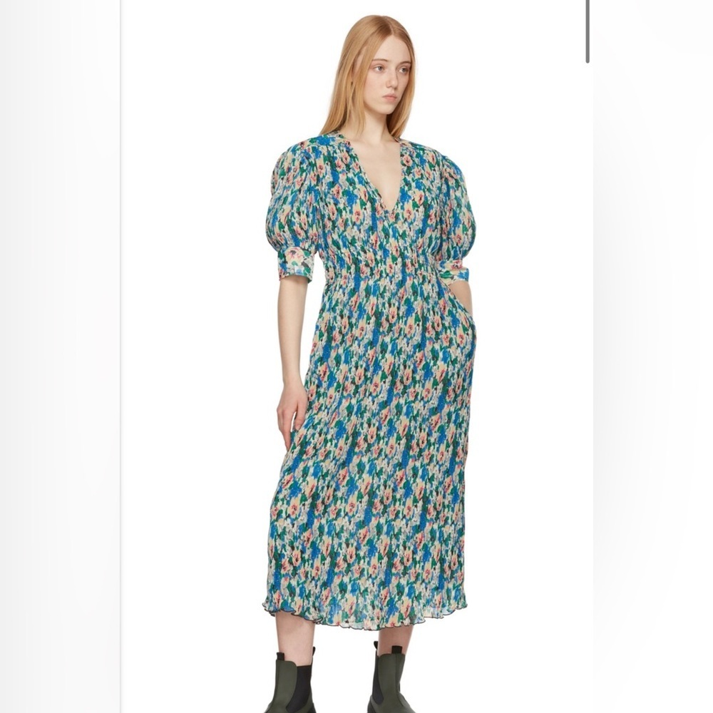 GANNI Floral Pleated Midi Dress – Size 36 (Fits Like Small/Medium)